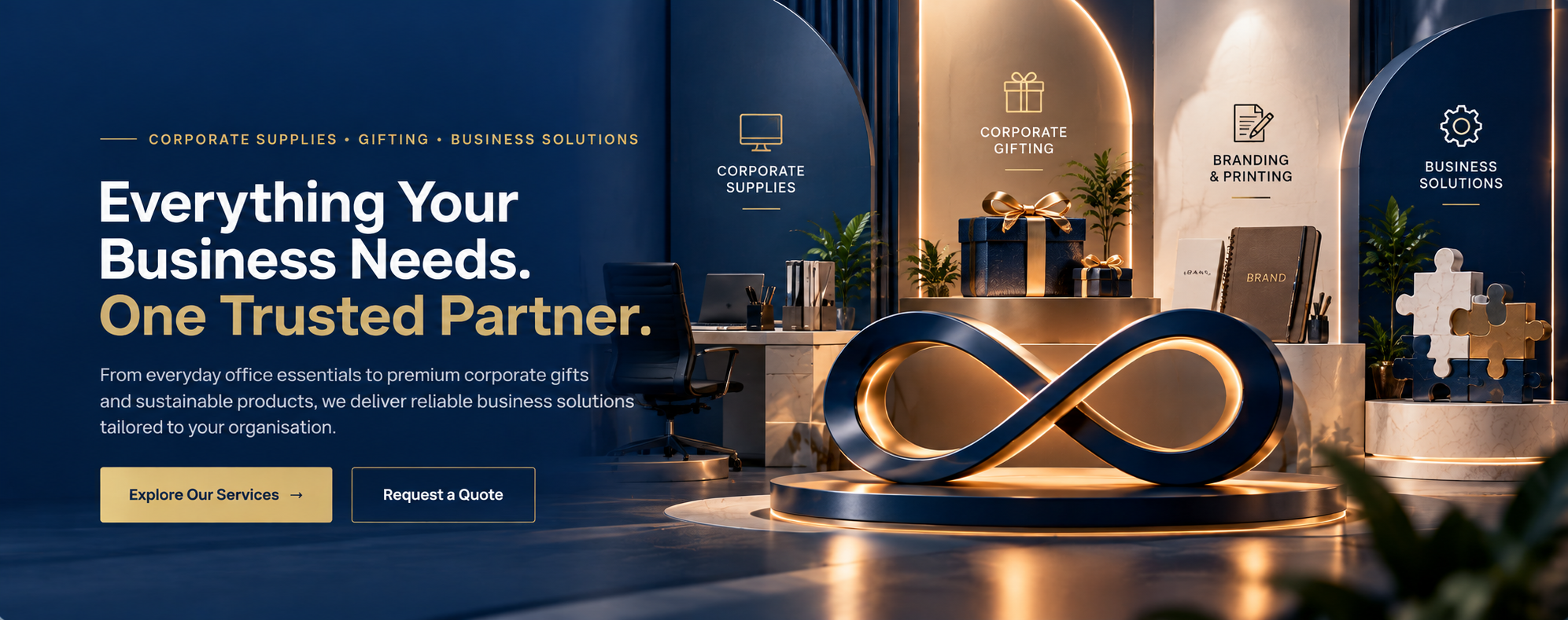 Everything Your Business Needs. One Trusted Partner. A navy and gold infinity sculpture on a podium, surrounded by displays for Corporate Supplies, Corporate Gifting, Branding & Printing and Business Solutions.